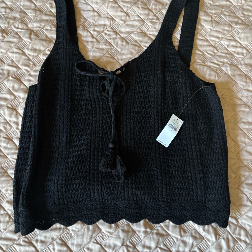 Black Crochet Lace-Up Tank Top